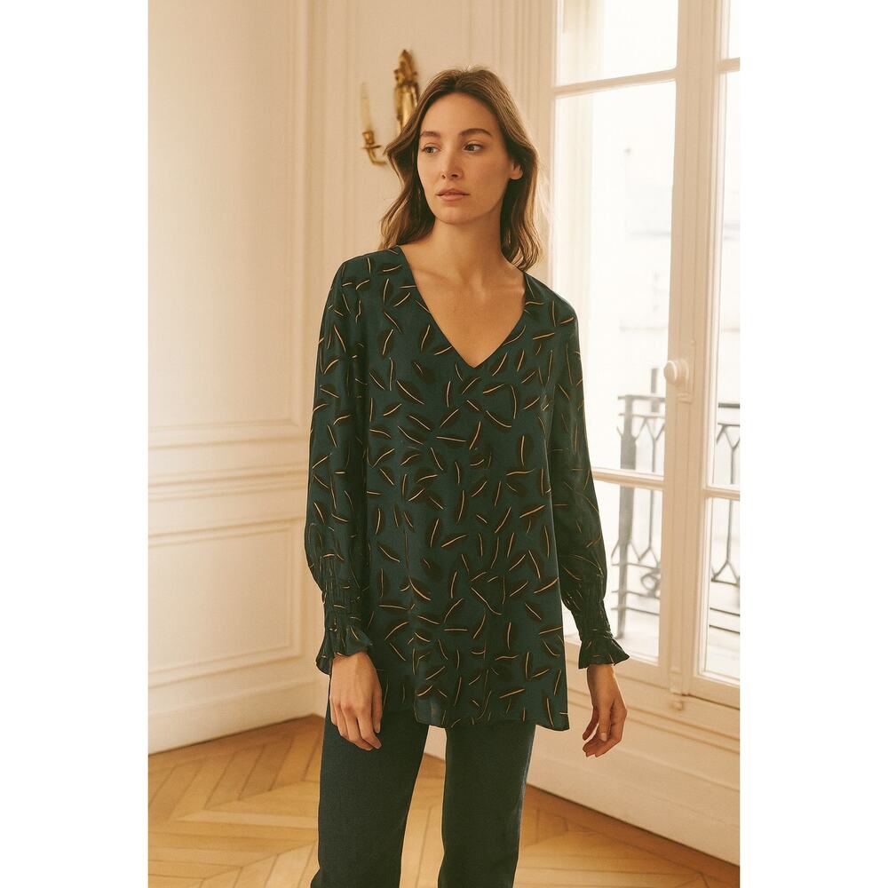Cabi Teal Shadow Leaf Long Sleeve Blouse Large